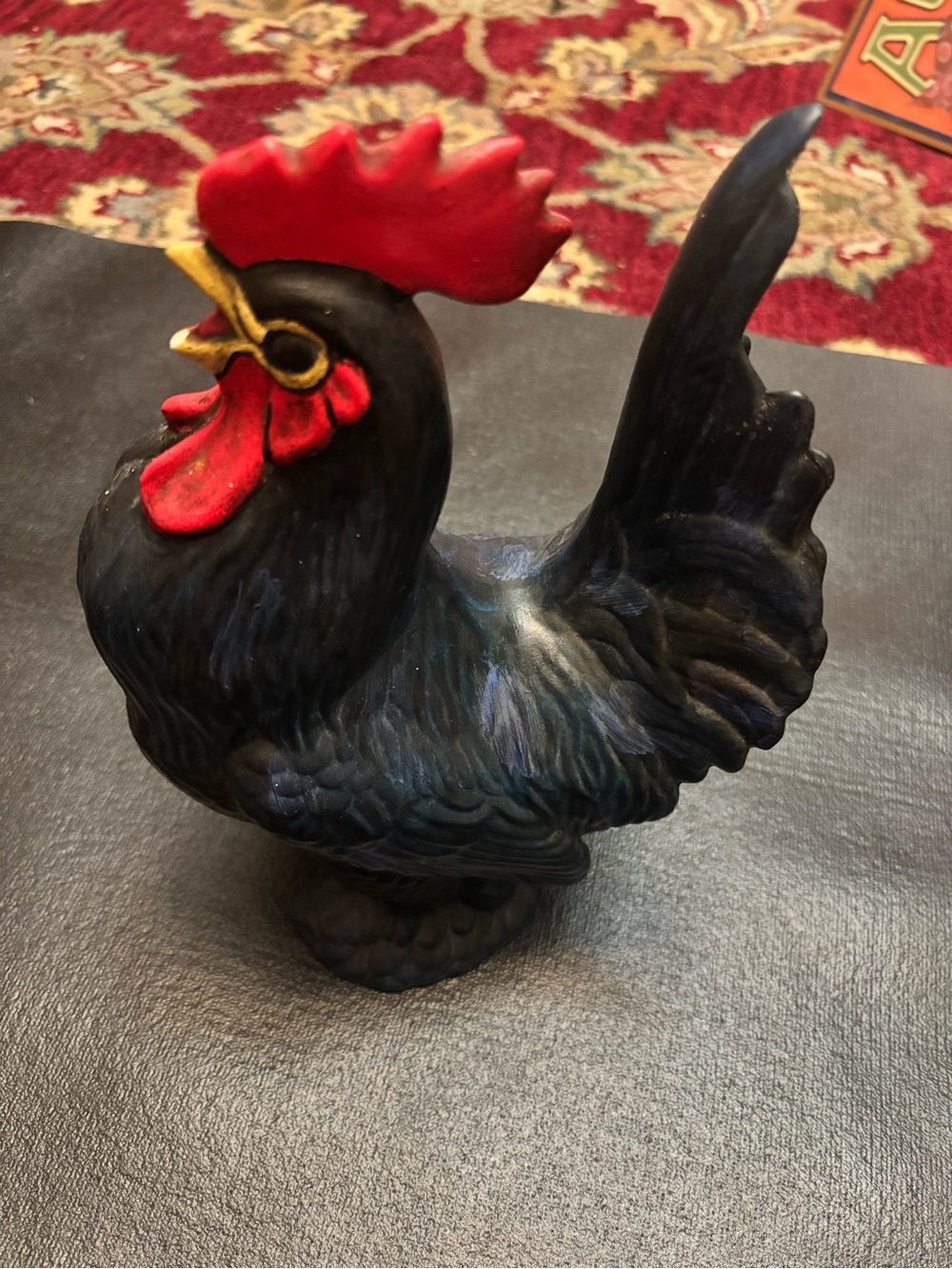 Decorative Black Rooster Figurine With Red Comb and Wattles